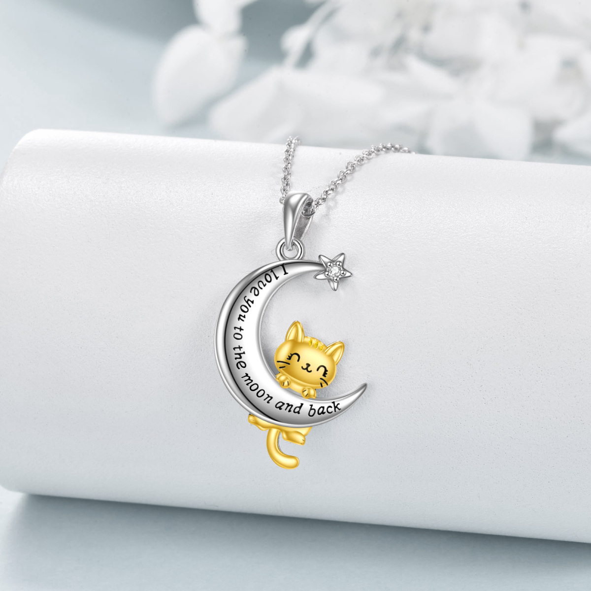 Sterling Silver Two-Tone Cubic Zirconia Cat And Moon Star Pendant Necklace With Engraved Word For Women-3