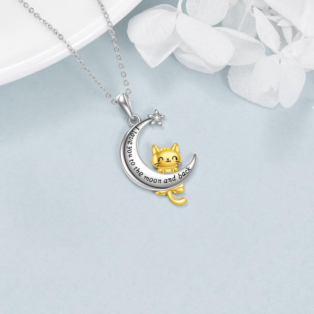 Sterling Silver Two-Tone Cubic Zirconia Cat And Moon Star Pendant Necklace With Engraved Word For Women-4