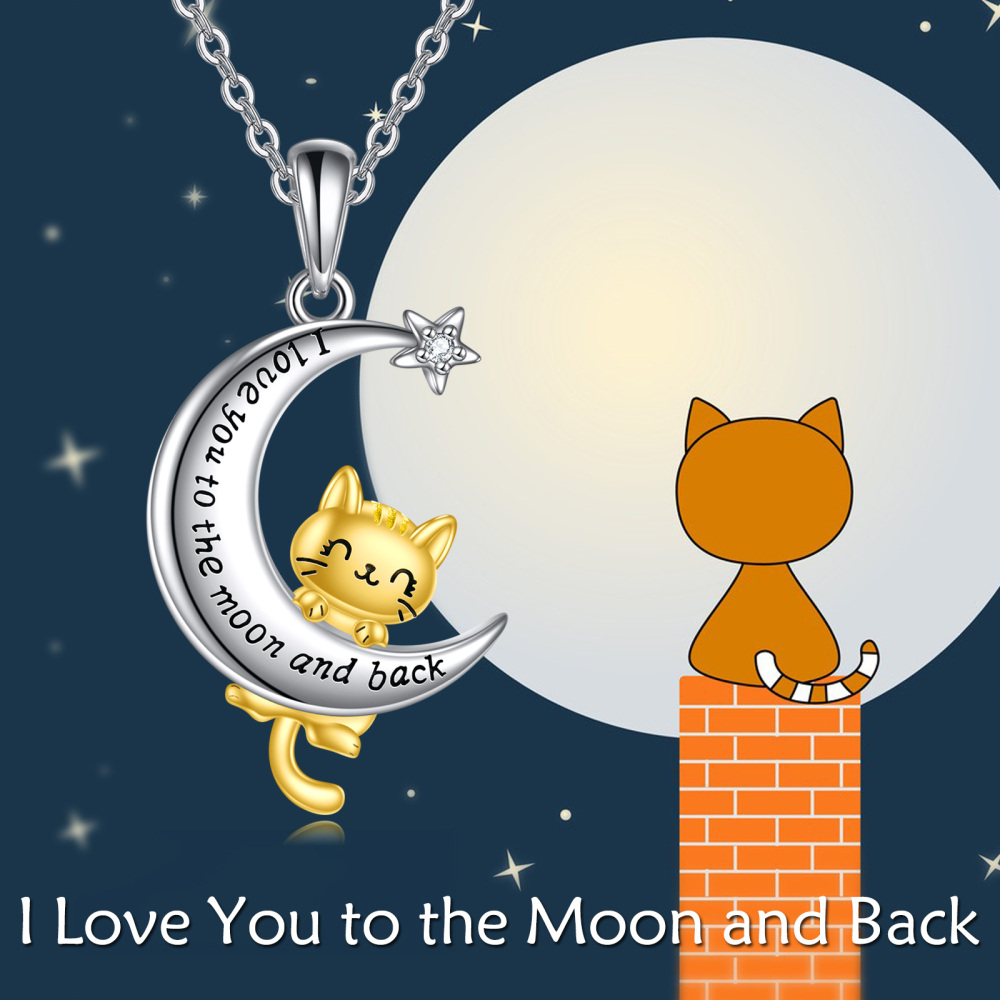 Collar con colgante de gato, luna y estrella en plata de ley con circonita cúbica bicolor y palabra grabada para mujer.-5