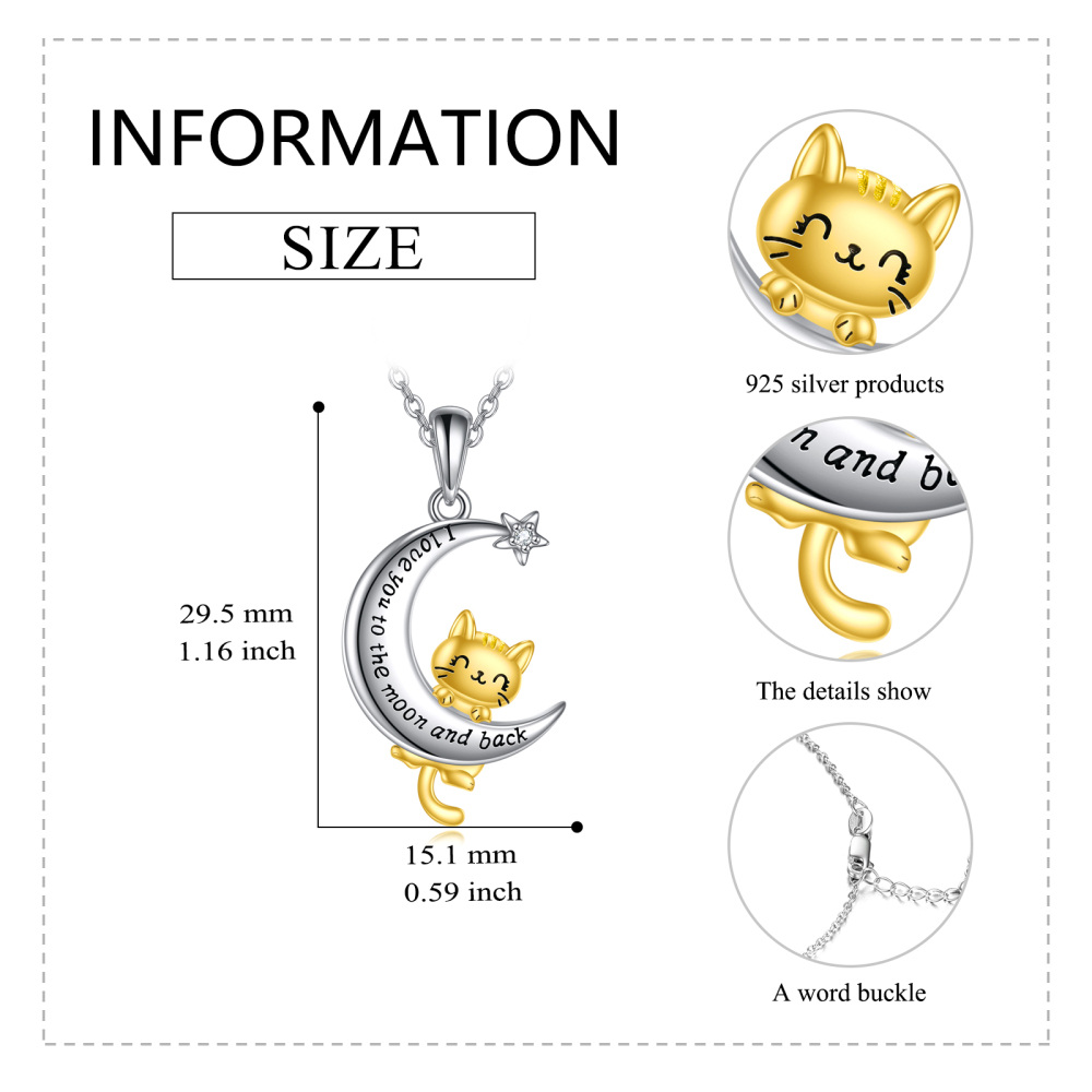 Collar con colgante de gato, luna y estrella en plata de ley con circonita cúbica bicolor y palabra grabada para mujer.-6
