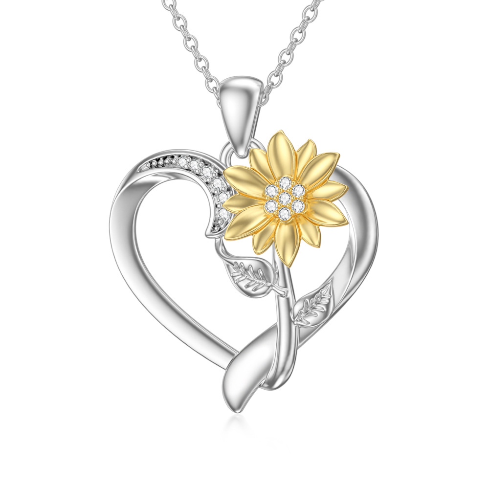 Collar Colgante Girasol y Corazón Plata de Ley Dos Tonos Diamante Claro Redondo-1