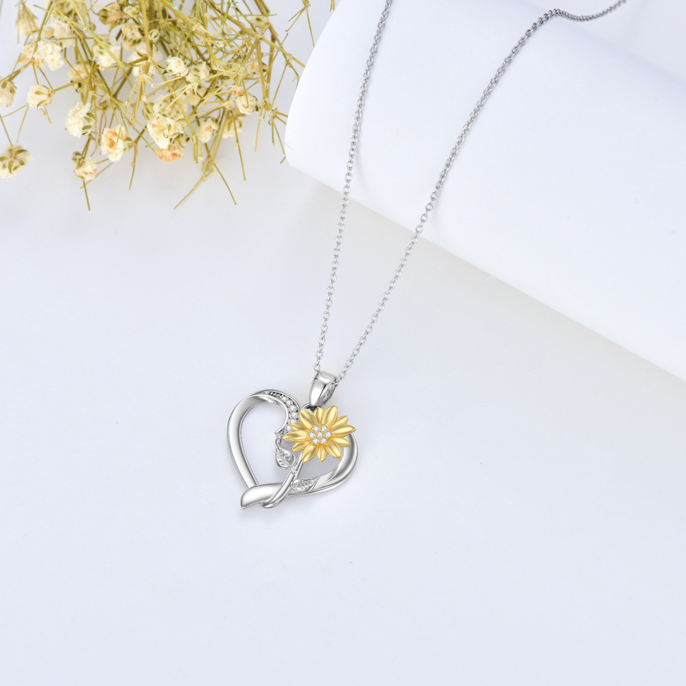 Collar Colgante Girasol y Corazón Plata de Ley Dos Tonos Diamante Claro Redondo-3