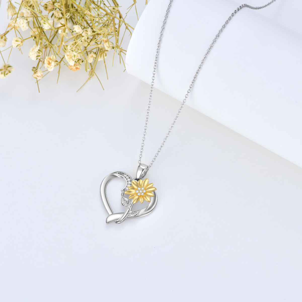 Sterling Silver Two-tone Round Clear Diamond Sunflower & Heart Pendant Necklace-3