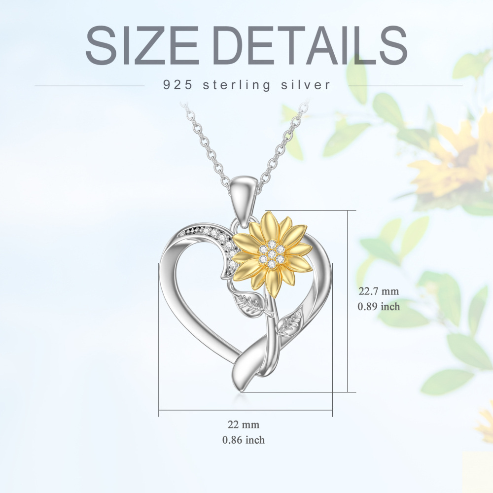 Collar Colgante Girasol y Corazón Plata de Ley Dos Tonos Diamante Claro Redondo-4