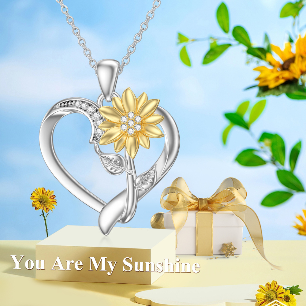 Collar Colgante Girasol y Corazón Plata de Ley Dos Tonos Diamante Claro Redondo-5