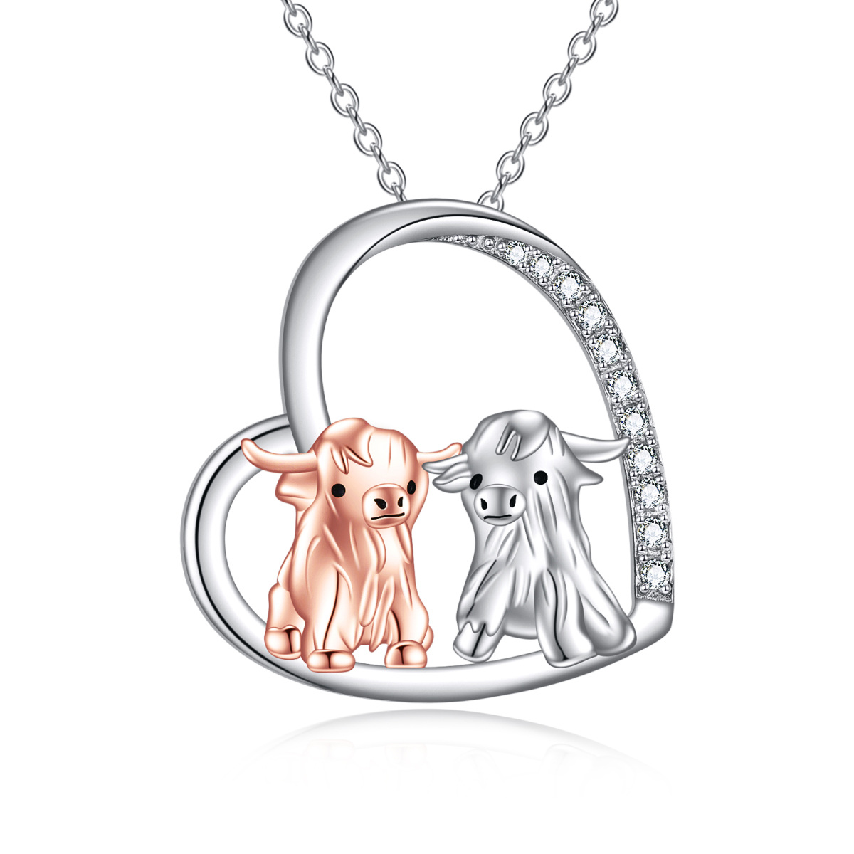 Collana in argento sterling con ciondolo a cuore e mucca con zirconi rotondi bicolore-1