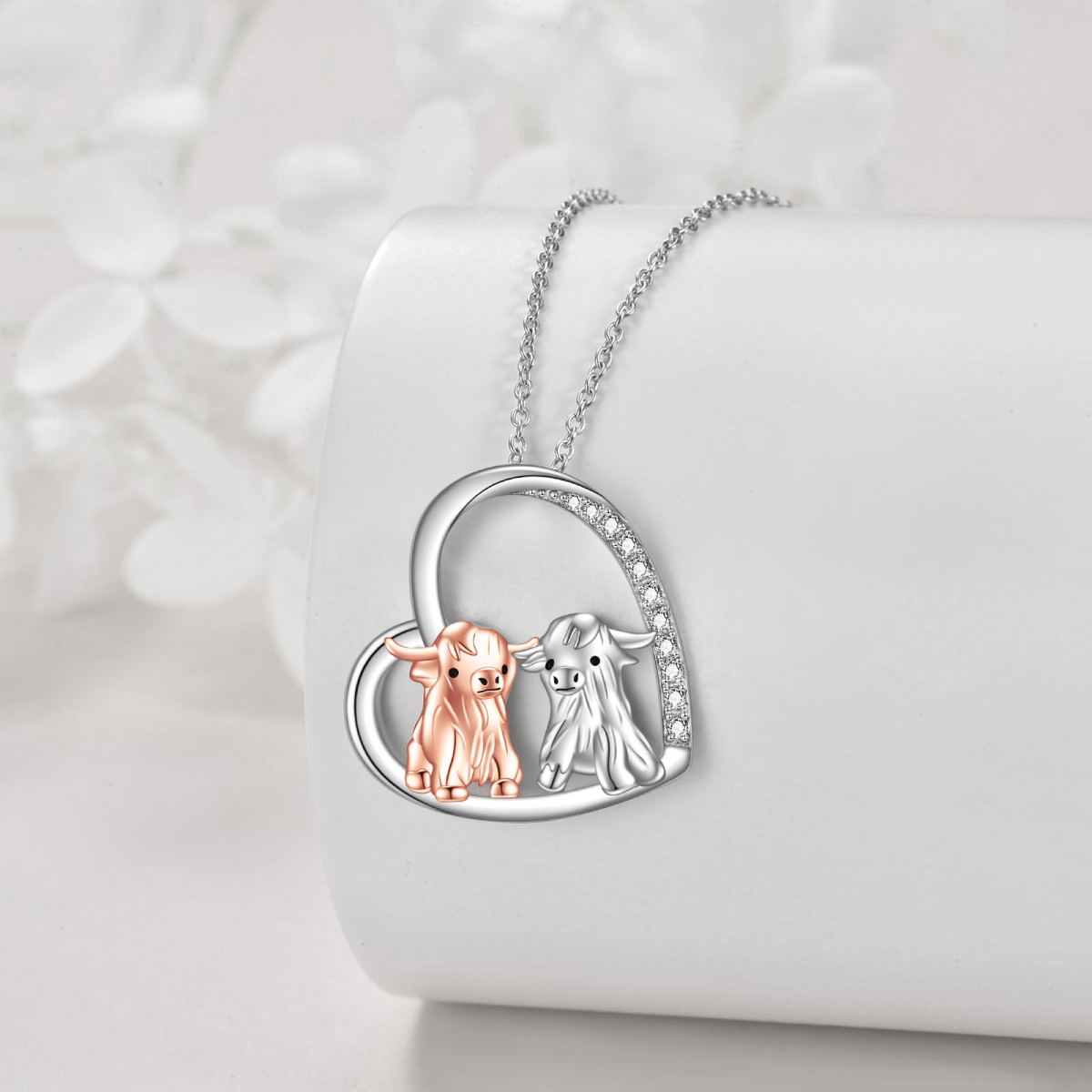 Sterling Silver Two-tone Round Cubic Zirconia Cow & Heart Pendant Necklace-3