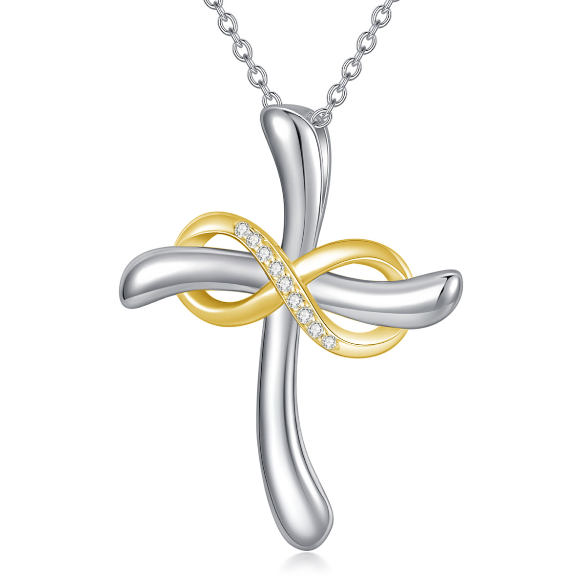 Sterling Silver Two-tone Round Cross Pendant Necklace-1