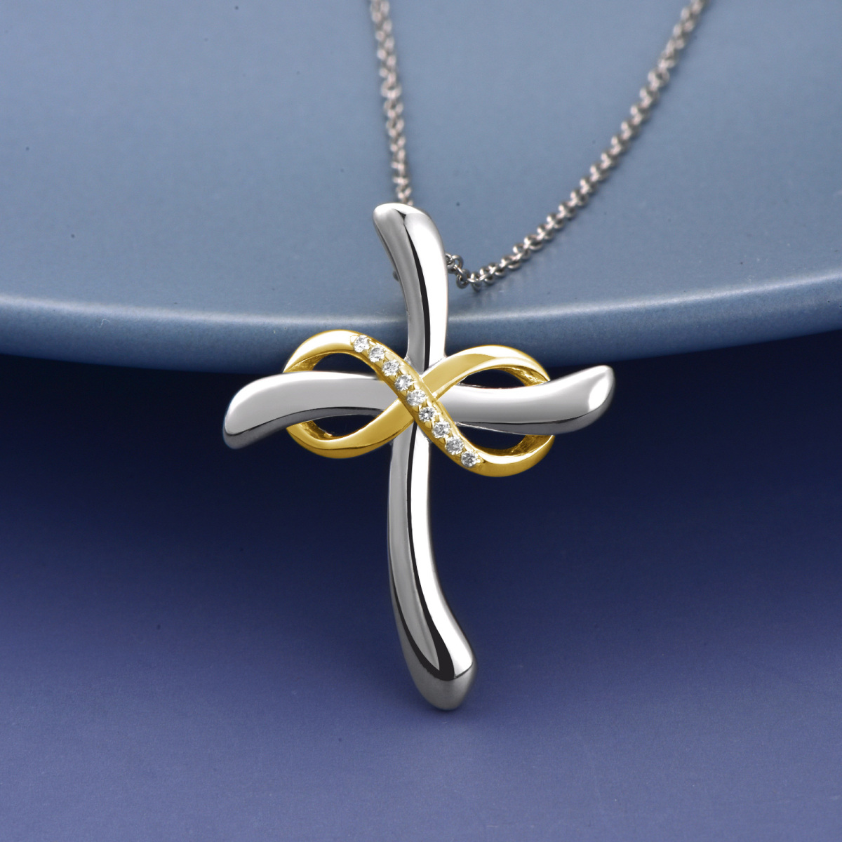 Sterling Silver Two-tone Round Cross Pendant Necklace-3