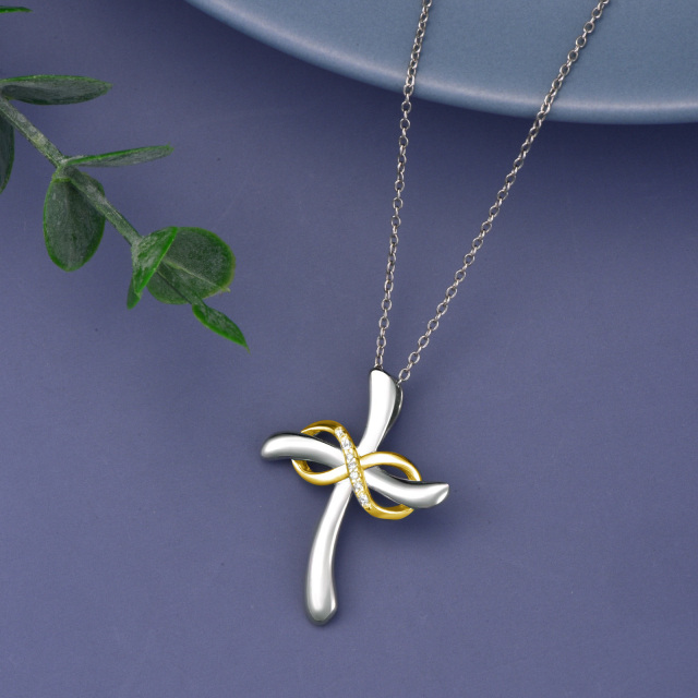 Sterling Silver Two-tone Round Cross Pendant Necklace-4