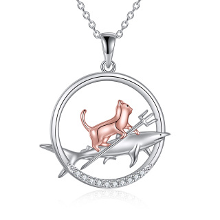 Sterling Silver Two-tone Cat & Shark Pendant Necklace for Women Men-5