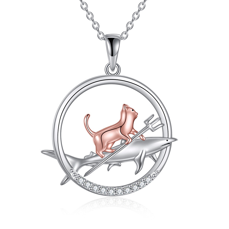 Sterling Silver Two-tone Cat & Shark Pendant Necklace for Women Men-11