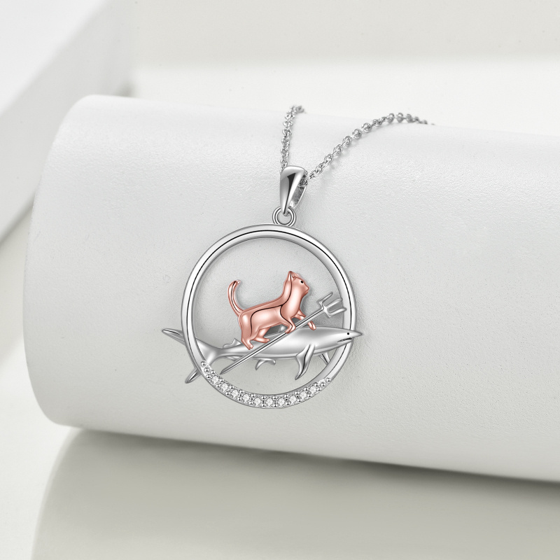 Sterling Silver Two-tone Cat & Shark Pendant Necklace for Women Men-3