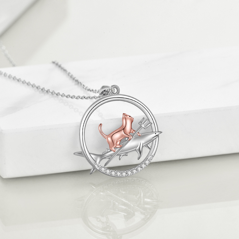 Sterling Silver Two-tone Cat & Shark Pendant Necklace for Women Men-4