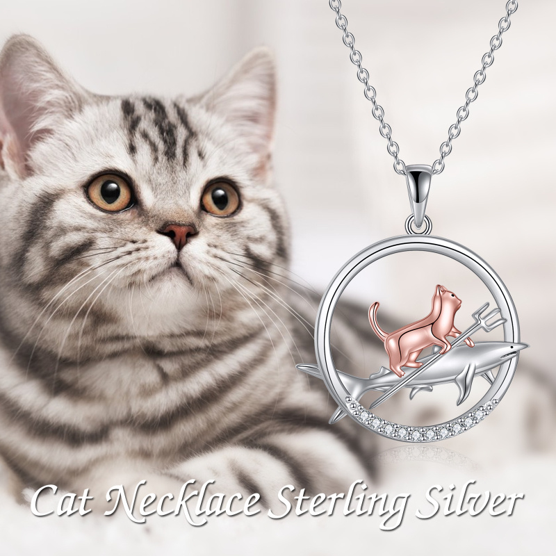 Sterling Silver Two-tone Cat & Shark Pendant Necklace for Women Men-6