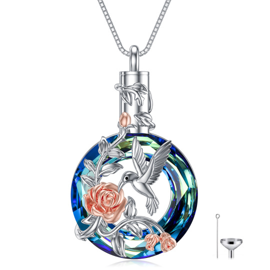 Collana d'argento bicolore con urna rotonda di cristallo con colibrì e rose per le ceneri