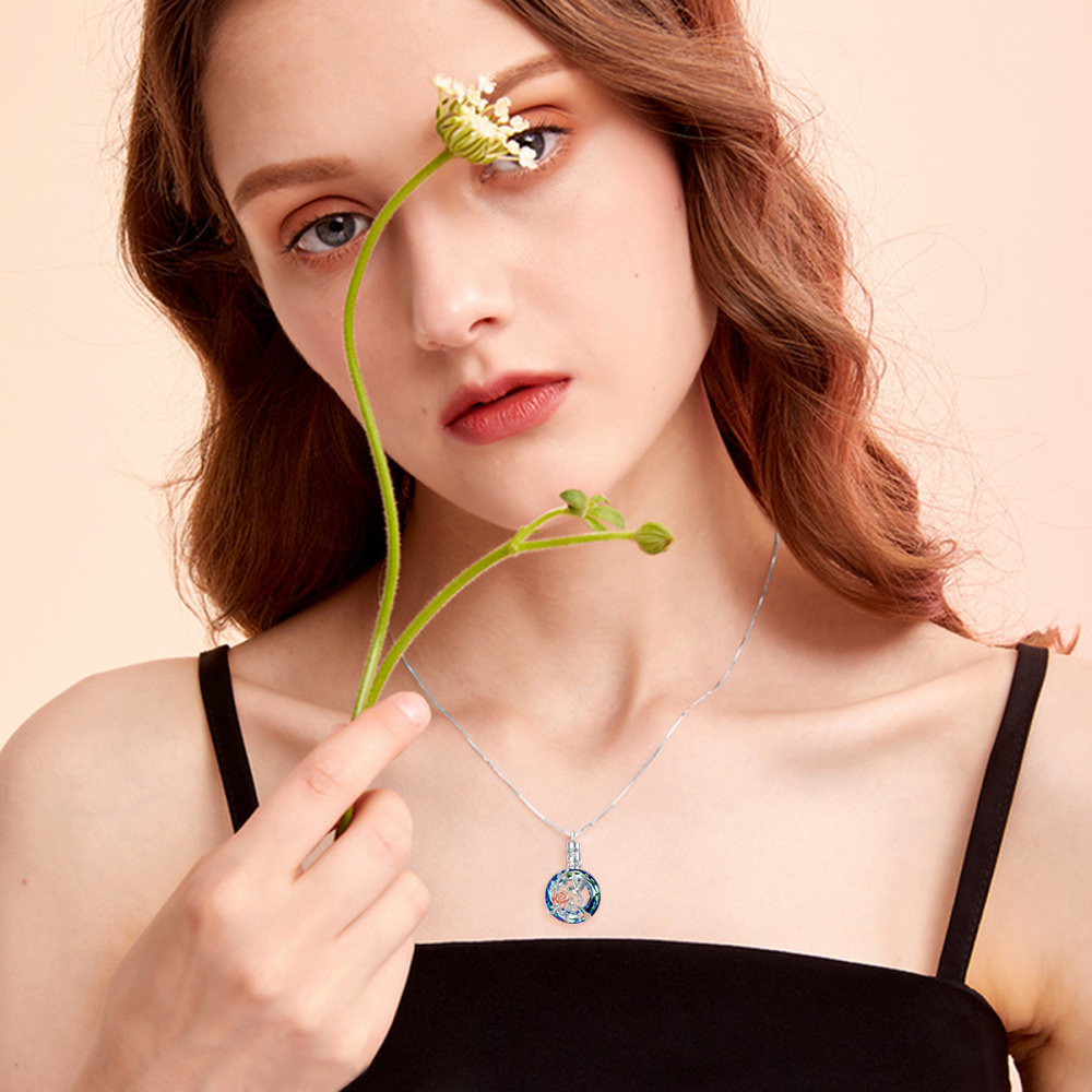 Collier en argent sterling en cristal rond bicolore Colibri et urne rose-2