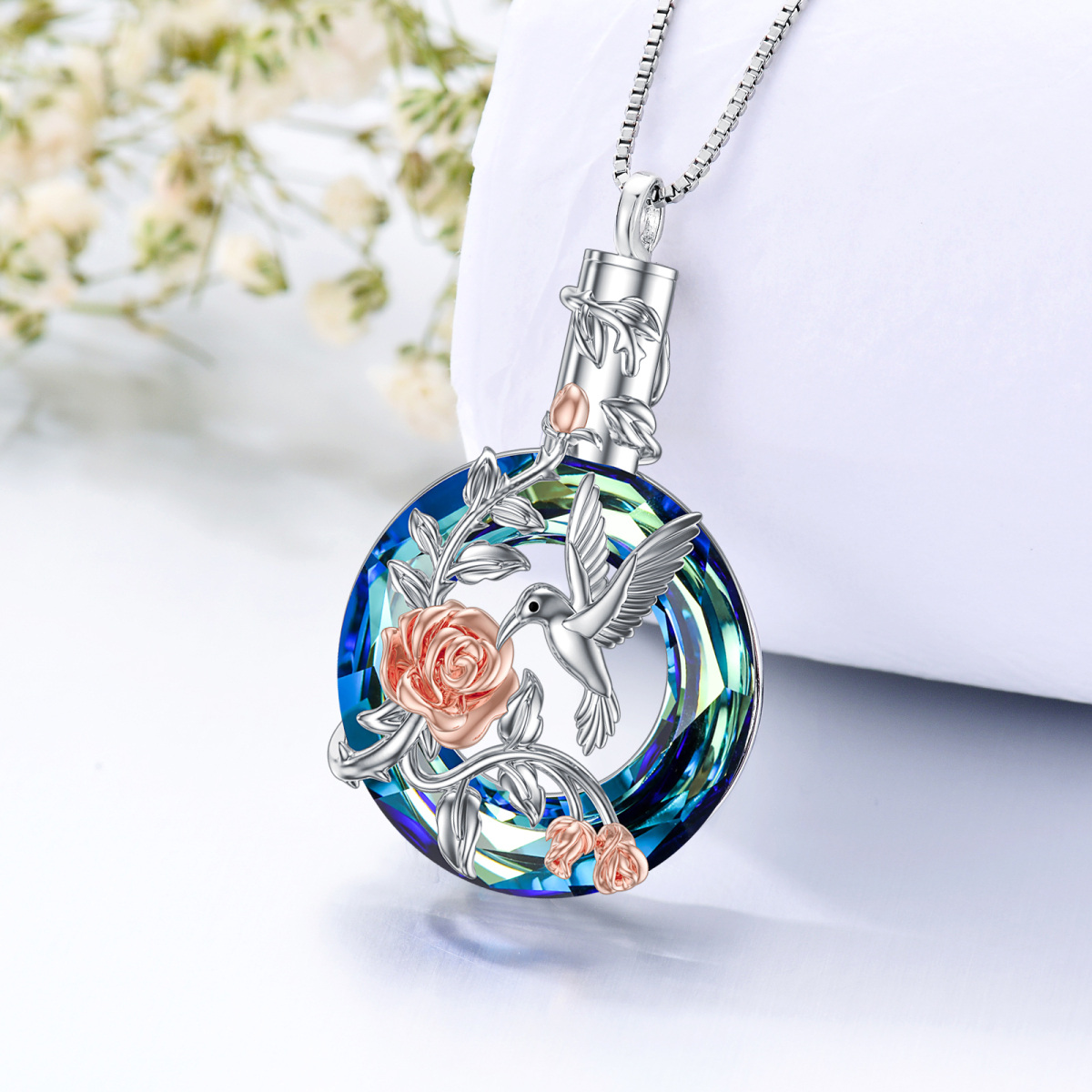 Sterling Silver Two-tone Round Crystal Hummingbird & Rose Urn Necklace for Ashes-4