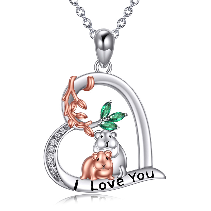 Sterling Silver Two-Tone Crystal Cubic Zirconia Mouse Heart Pendant Necklace With Engraved Word For Women-4