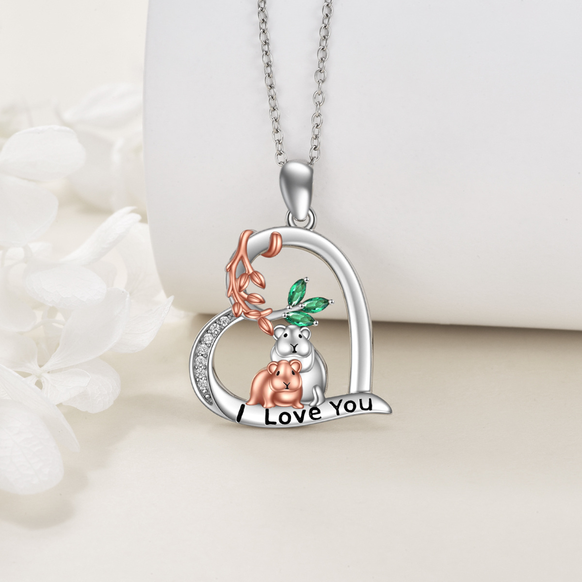 Sterling Silver Two-Tone Crystal Cubic Zirconia Mouse Heart Pendant Necklace With Engraved Word For Women-3