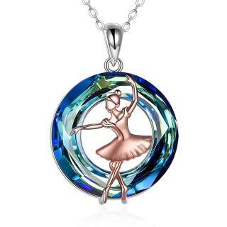 Sterling Silver Two-tone Round Crystal Pendant Necklace-54