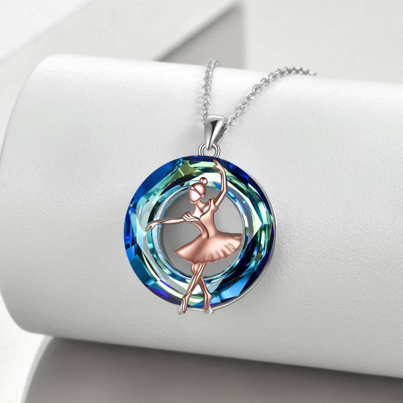 Sterling Silver Two-tone Round Crystal Pendant Necklace-3