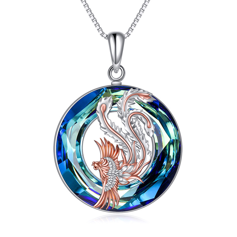 Sterling Silver Two-tone Round Crystal Phoenix Pendant Necklace-13