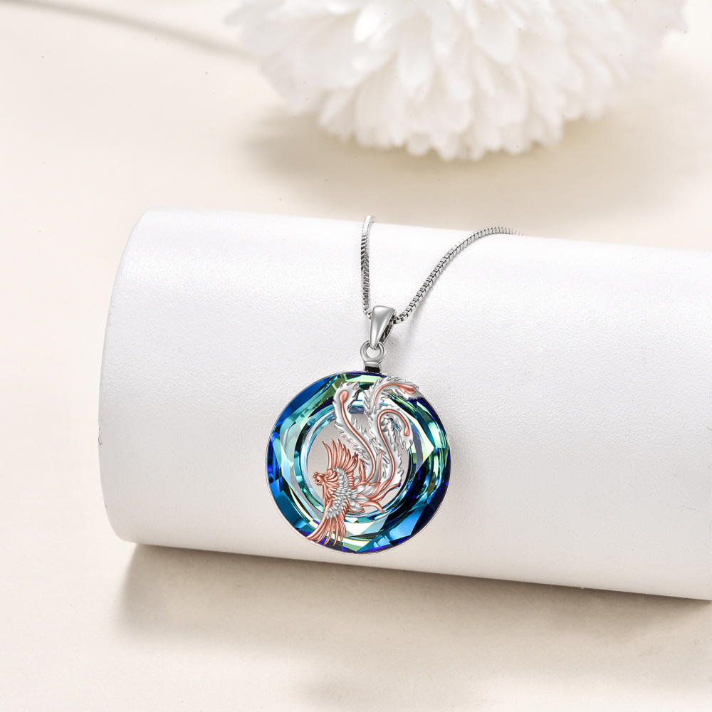 Sterling Silver Two-tone Round Crystal Phoenix Pendant Necklace-3