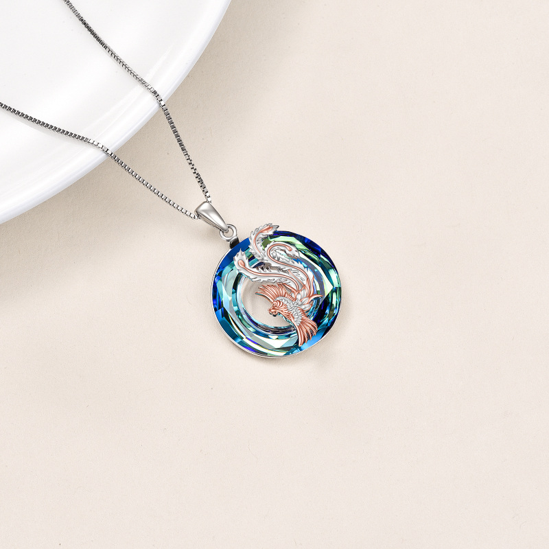 Sterling Silver Two-tone Round Crystal Phoenix Pendant Necklace-4