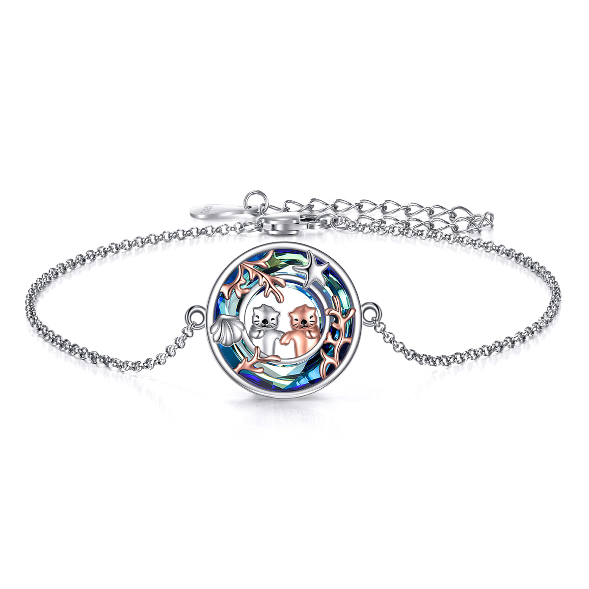 Bracelet en argent sterling avec pendentif loutre de mer et étoile de mer en cristal rond-1