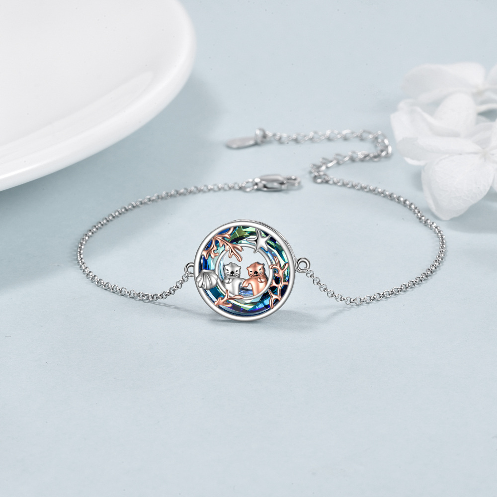 Sterling Silver Two-tone Round Crystal Sea Otter & Starfish Charm Bracelet-3