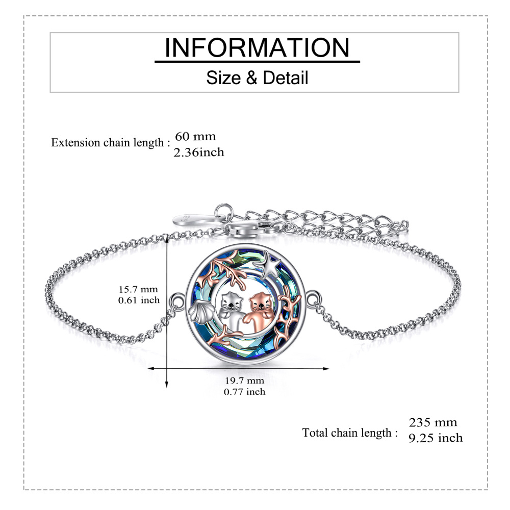 Sterling Silver Two-tone Round Crystal Sea Otter & Starfish Charm Bracelet-5