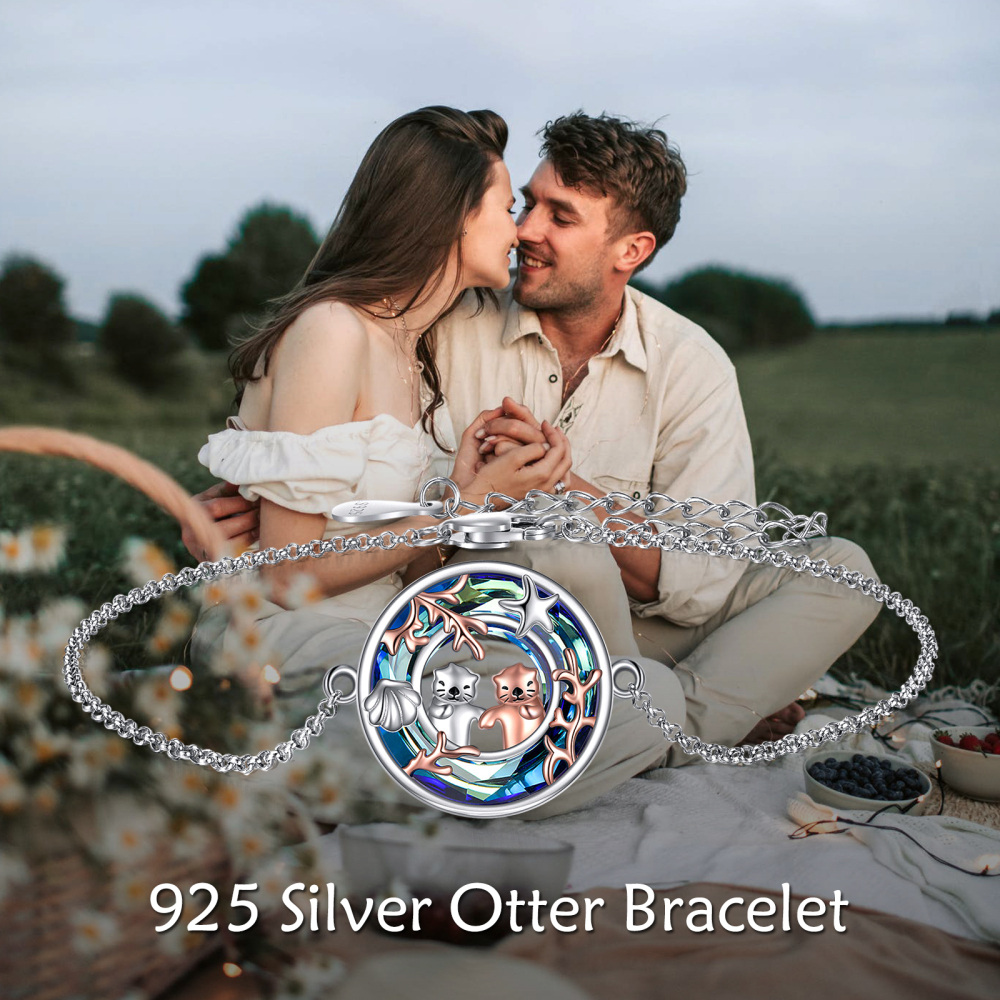 Sterling Silver Two-tone Round Crystal Sea Otter & Starfish Charm Bracelet-6