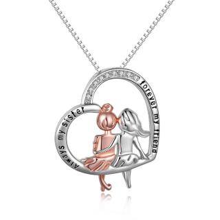 Sterling Silver Two-tone Round Crystal Sisters & Heart Pendant Necklace with Engraved Word-48