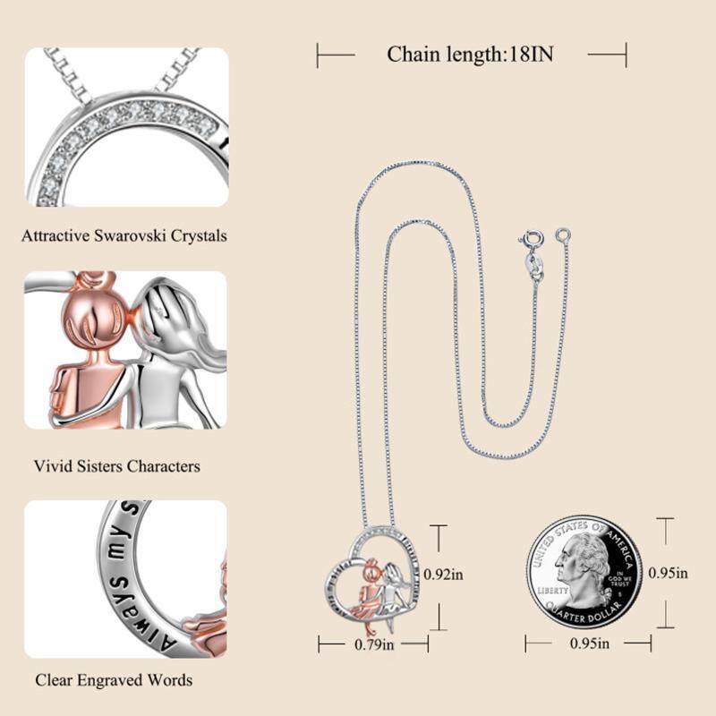 Sterling zilveren tweekleurige ronde kristallen zussen & hart hanger ketting met gegraveerd woord-5