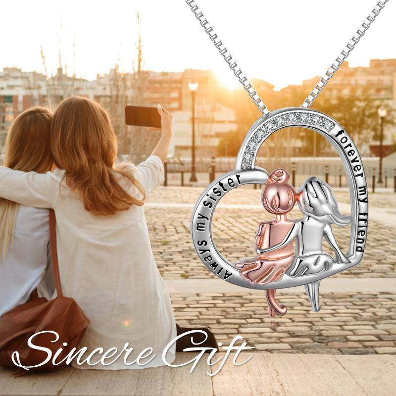 Collier en argent sterling avec pendentif en cristal rond bicolore Sœurs et Coeur avec mot-6