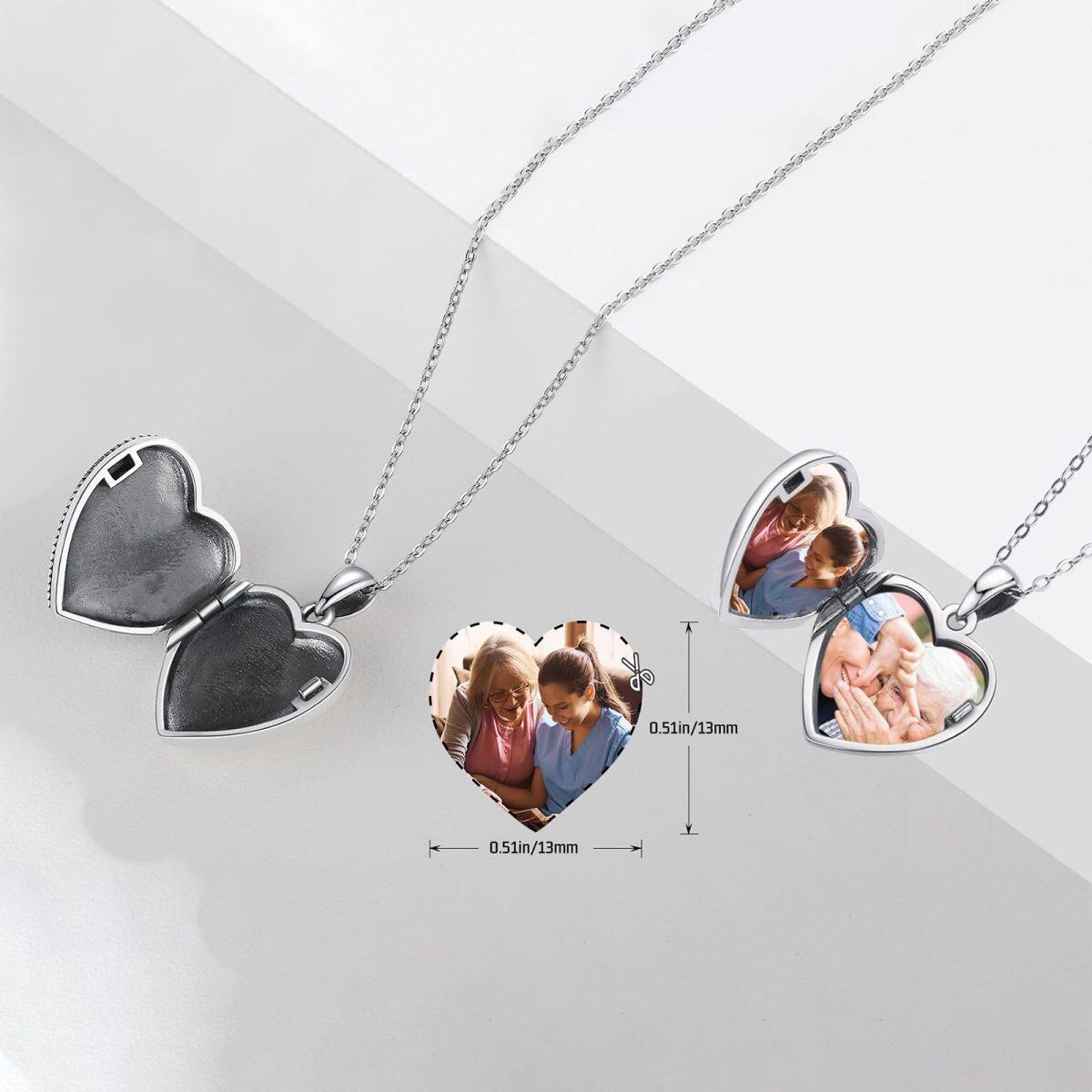 Sterling Silver Two-tone Round Cut Cubic Zirconia Feather & Heart Personalized Photo Locket Necklace with Engraved Word-3