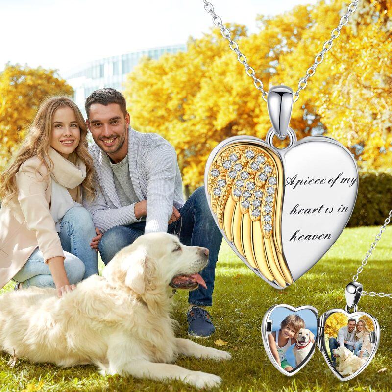 Collier médaillon photo personnalisé en argent sterling bicolore avec zircone cubique taille ronde et plume en forme de cœur et inscription gravée-4