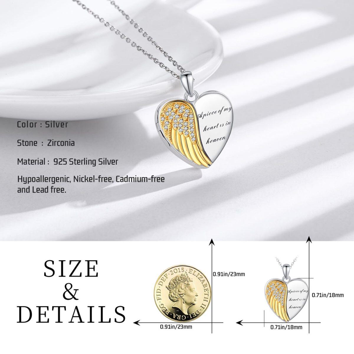 Sterling Silver Two-tone Round Cut Cubic Zirconia Feather & Heart Personalized Photo Locket Necklace with Engraved Word-5