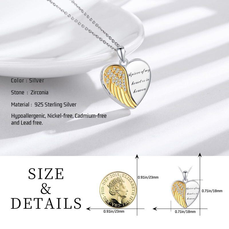Collier médaillon photo personnalisé en argent sterling bicolore avec zircone cubique taille ronde et plume en forme de cœur et inscription gravée-5