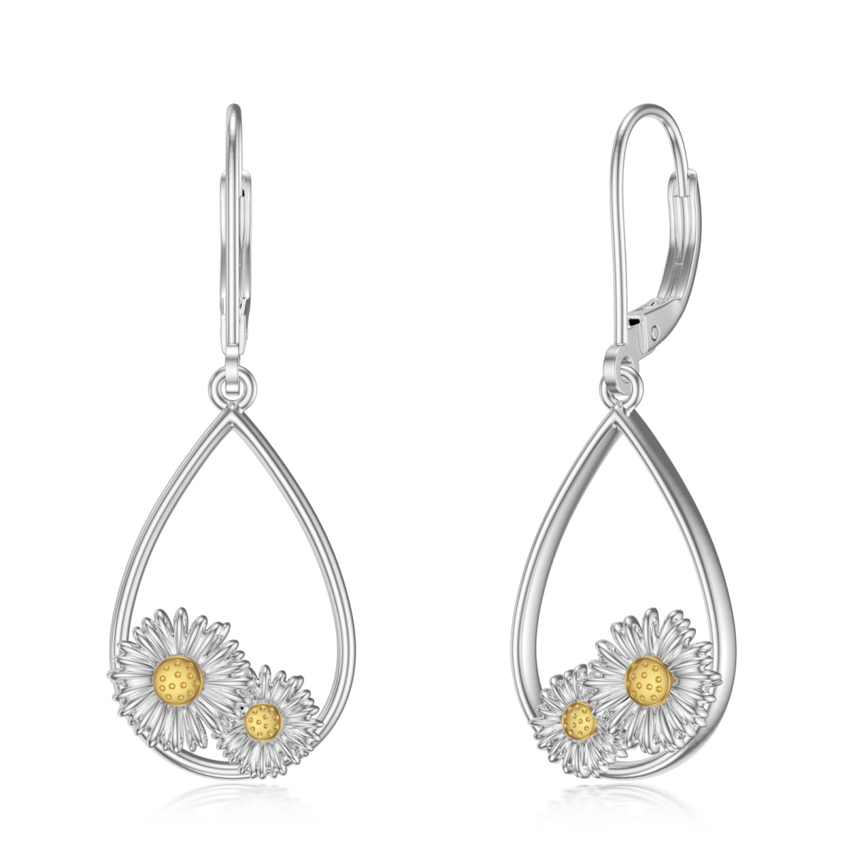 Sterling Silver Two-tone Round Daisy Lever-back Earrings-1