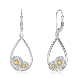 Sterling Silver Two-tone Round Daisy Lever-back Earrings-17