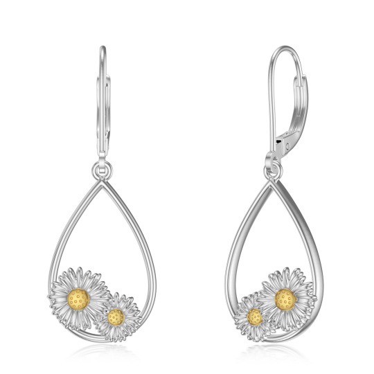 Sterling Silver Two-tone Round Daisy Lever-back Earrings