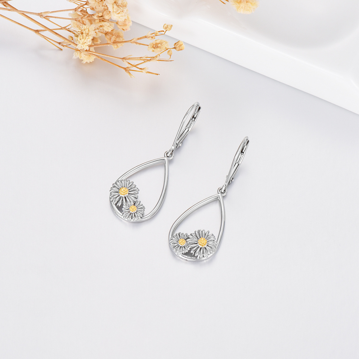 Boucles d'oreilles dormeuses rondes marguerites bicolores en argent sterling-3