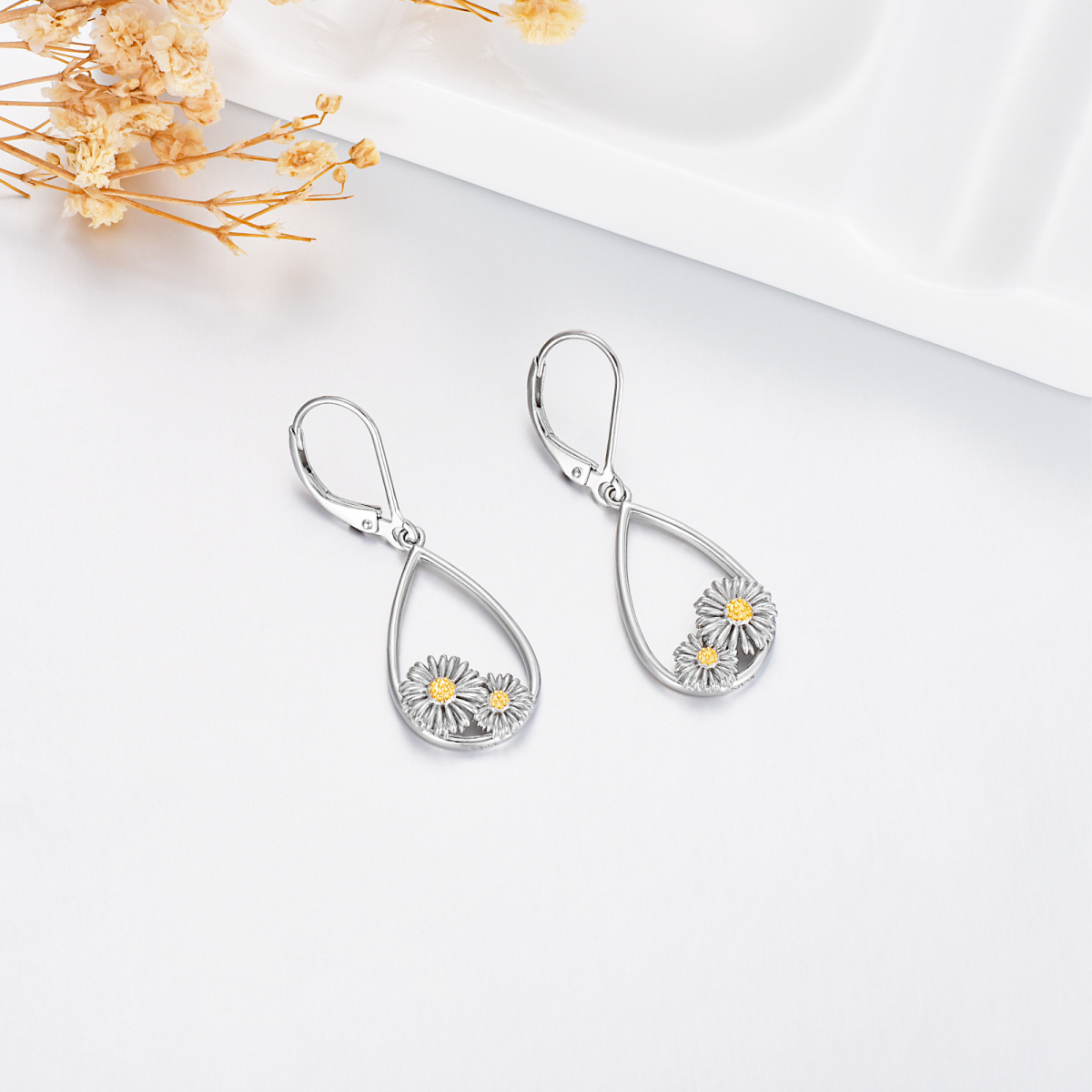 Sterling Silver Two-tone Round Daisy Lever-back Earrings-4