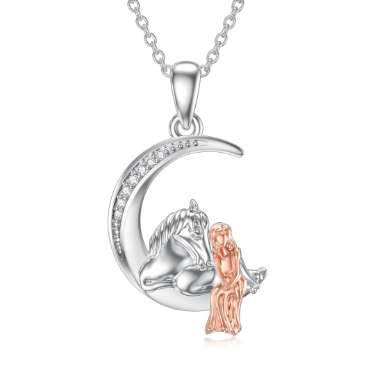 Collana con ciondolo a forma di cavallo e luna in argento sterling con diamanti rotondi bicolore