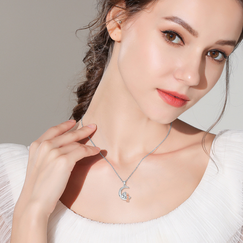 Sterling Silver Two-tone Round Diamond Horse & Moon Pendant Necklace-2