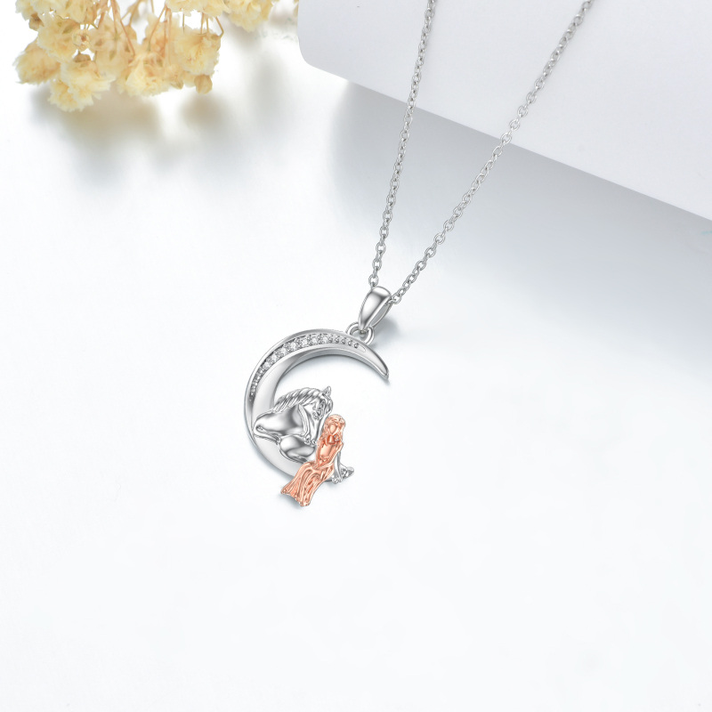 Sterling Silver Two-tone Round Diamond Horse & Moon Pendant Necklace-4