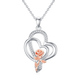 Sterling Silver Two-tone Round Diamond Rose Pendant Necklace-35