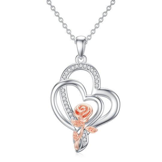 Sterling Silver Two-tone Round Diamond Rose Pendant Necklace